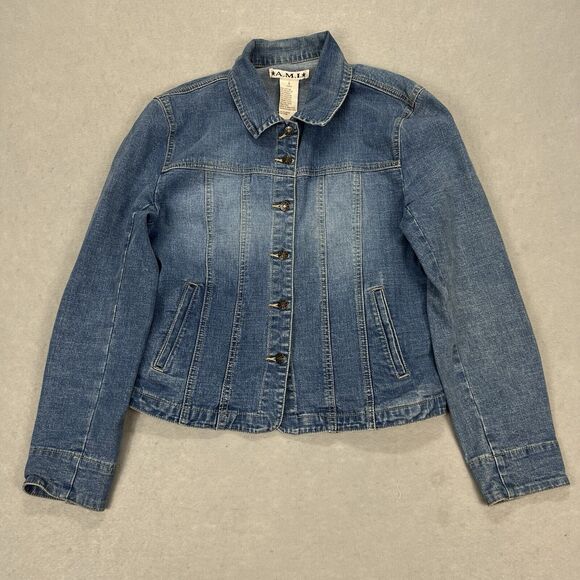 Vintage 90s Denim Jean Jacket Womens Size S Blue Trucker Style Stretch Button Up - Picture 1 of 7